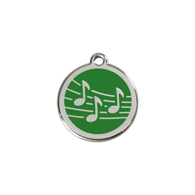 Vue avant - Médaille personnalisée pour chien/chat Red Dingo Émail et acier inoxydable - Motif Musique - Vert - Talla S