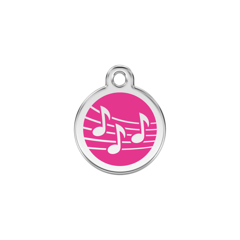 Vue avant - Médaille personnalisée pour chat en émail et acier inoxydable - Red Dingo - Motif musique - Rose vif - Talla S