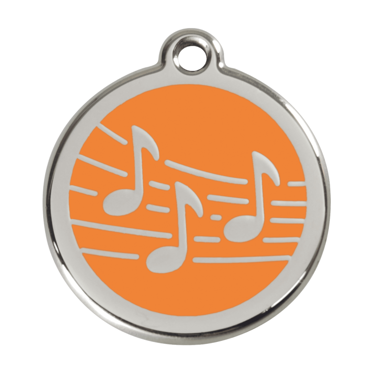 Vue avant - Médaille personnalisable pour chien Red Dingo Émail et acier inoxydable - Motif Musique - Orange - Talla L