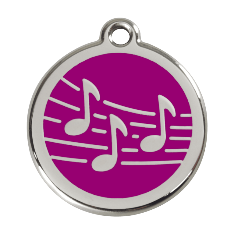 Vue avant - Médaille personnalisée pour chien Red Dingo Émail et acier inoxydable Musique Violet - Talla L