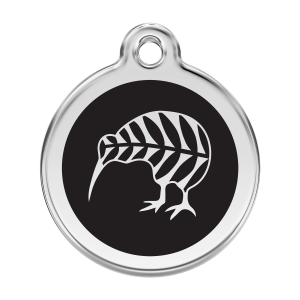 Placa para perro grande con diseño kiwi en esmalte negro y acero inoxidable