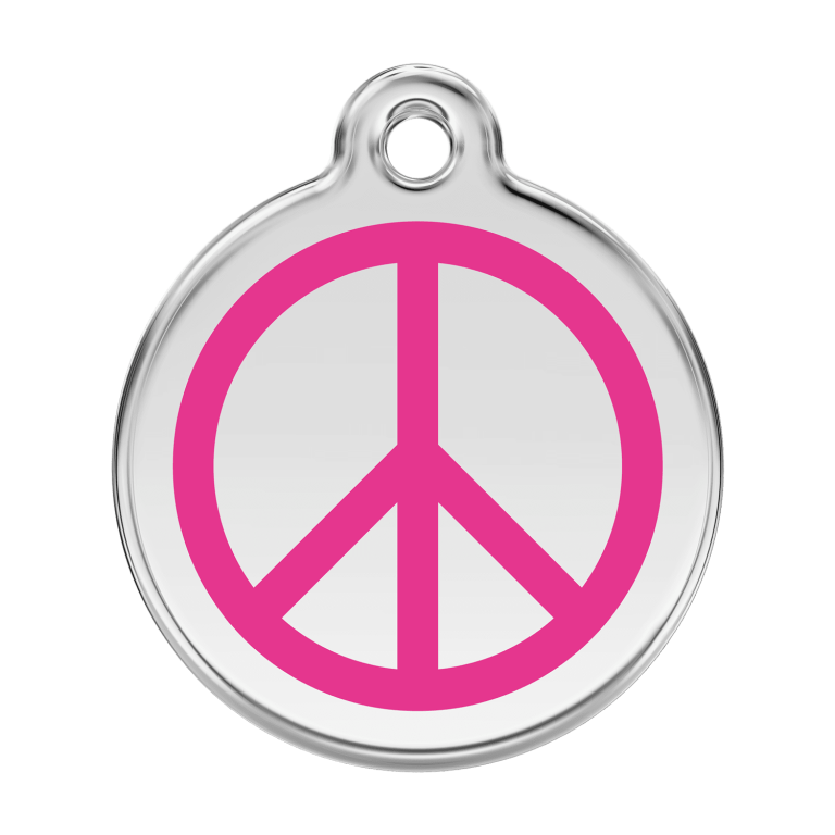 Vue avant - Médaille personnalisée pour chien Red Dingo Émail et acier inoxydable - Motif Paix - Rose vif - Talla L