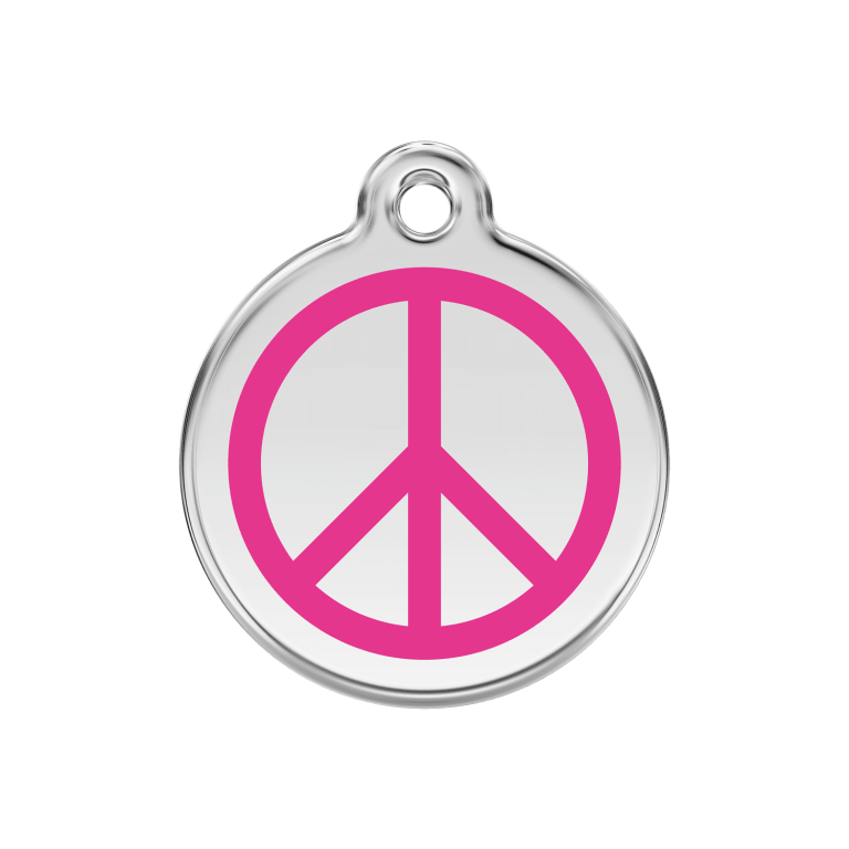 Vue avant - Médaille personnalisée pour chien - Red Dingo Émail et acier inoxydable - Motif Paix - Rose vif - Talla M