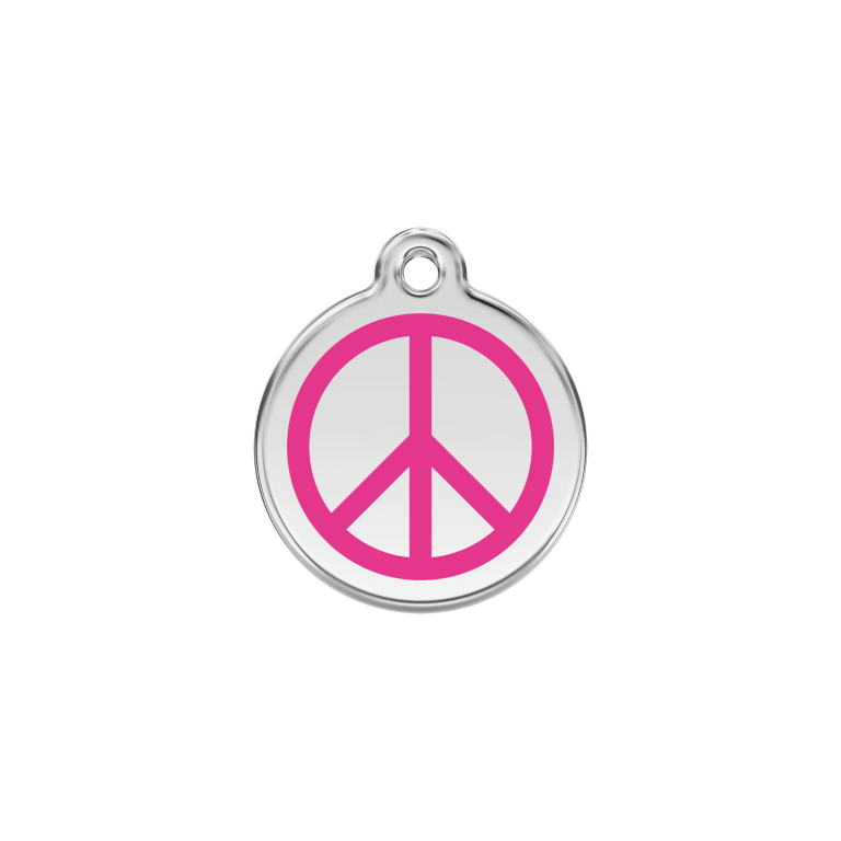Vue avant - Médaille personnalisée pour chat en émail et acier inoxydable - Red Dingo - Motif Paix - Rose vif - Talla S