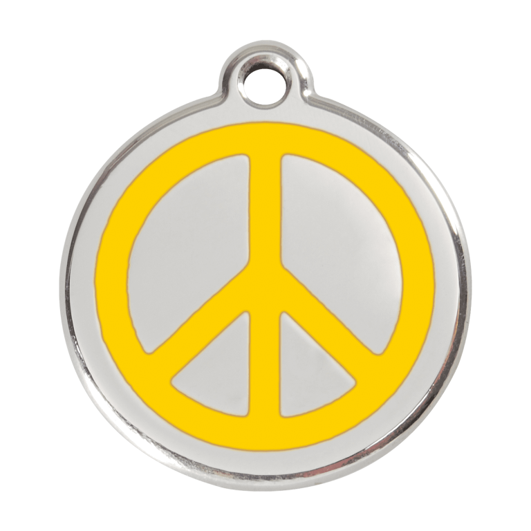 Vue avant - Médaille personnalisée pour chien - Red Dingo Émail et acier inoxydable - Motif Paix Jaune - Talla L