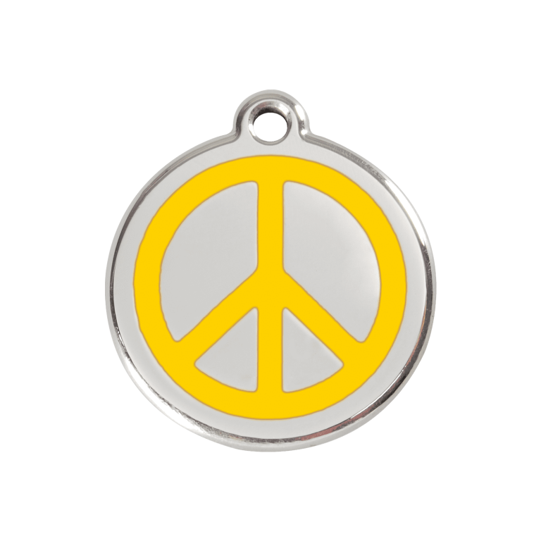 Vue avant - Médaille personnalisée pour chien Red Dingo Émail et acier inoxydable - Motif Paix Jaune - Talla M