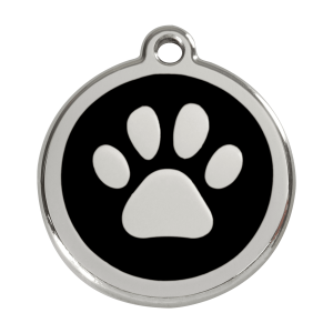 Placa para perro grande con huella en esmalte negro y acero inoxidable
