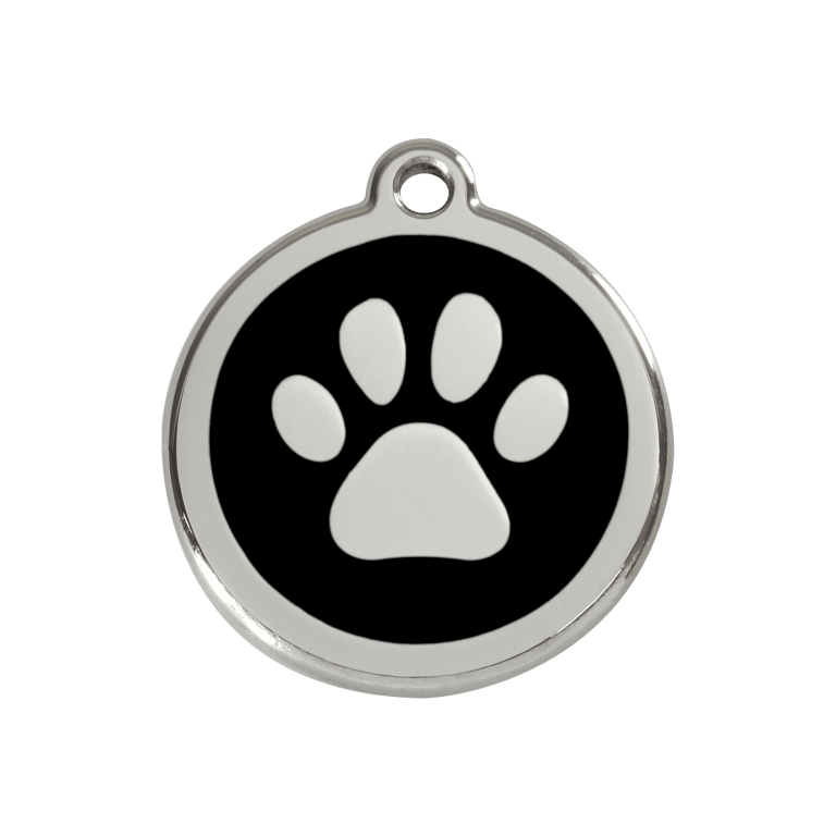 Vue avant - Médaille personnalisée pour chien ou chat Red Dingo Émail et acier inoxydable - Empreinte de patte - Noir - Talla M