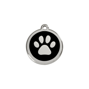 Placa para gato o perro pequeño Esmalte negro y acero inoxidable S Huella de pata