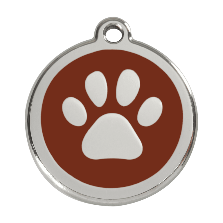 Vue avant - Médaille personnalisable pour chien Red Dingo en émail et acier inoxydable - Empreinte de patte - Brun - Talla L