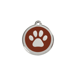 Placa para perro pequeño pequeña con huella en esmalte marrón y acero inoxidable