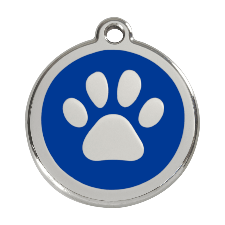 Vue avant - Médaille personnalisée pour chien Red Dingo Émail et acier inoxydable - Empreinte de patte - Bleu foncé - Talla L