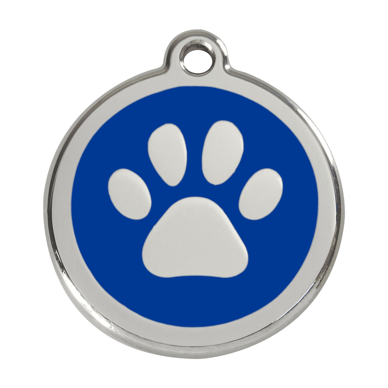 Vue avant - Médaille personnalisée pour chien Red Dingo Émail et acier inoxydable - Empreinte de patte - Bleu foncé - Talla L