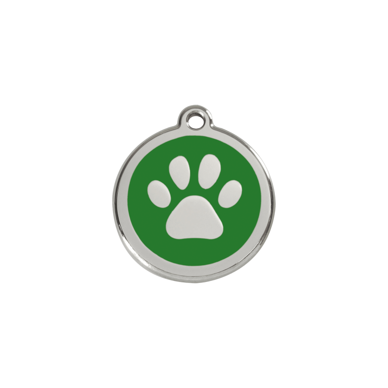 Vue avant - Médaille personnalisée pour chien/chat Red Dingo Émail et acier inoxydable - Empreinte de patte - Vert - Talla S