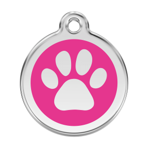 Placa para perro grande con huella en esmalte rosa fuerte y acero inoxidable