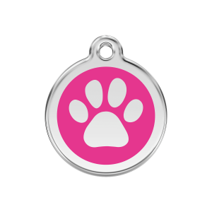 Placa para perro mediana con huella rosa fuerte en esmalte y acero inoxidable