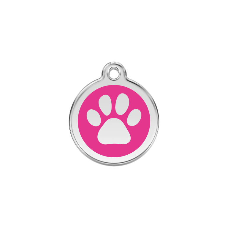 Vue avant - Médaille personnalisable pour chien/chat Red Dingo Émail/Acier inoxydable - Empreinte de patte - Rose vif - Talla S