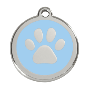 Placa para perro grande con huella en esmalte azul claro y acero inoxidable