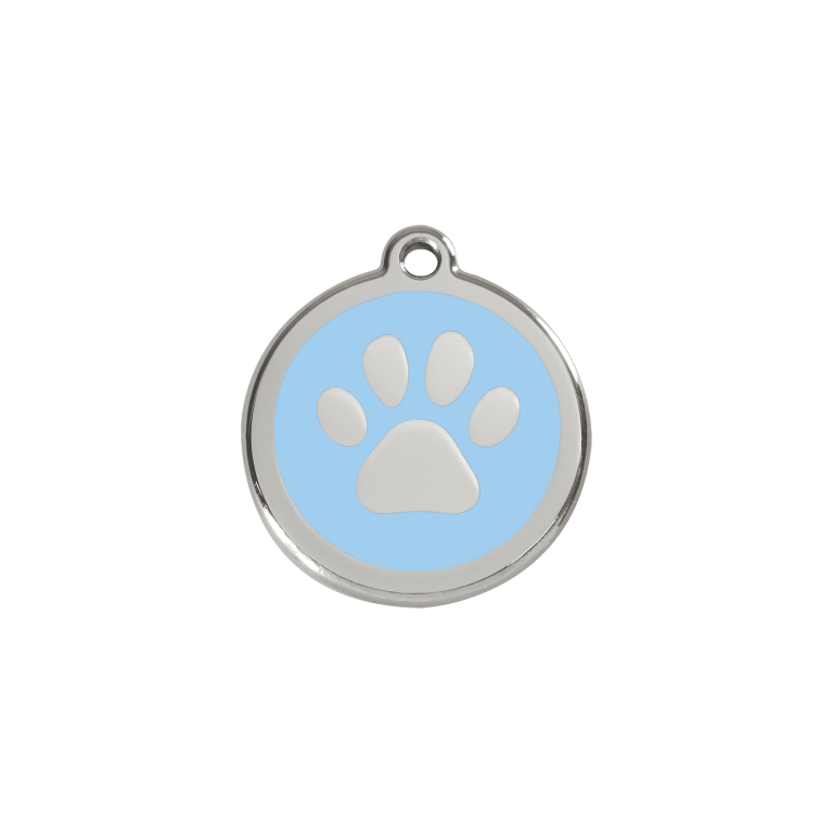 Vue avant - Médaille personnalisable pour chien/chat Red Dingo Émail/Acier inoxydable Bleu clair - Empreinte de patte - Talla S