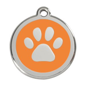 Placa para perro grande con huella en esmalte naranja y acero inoxidable