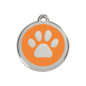 Placa para perro mediana con huella en esmalte naranja y acero inoxidable