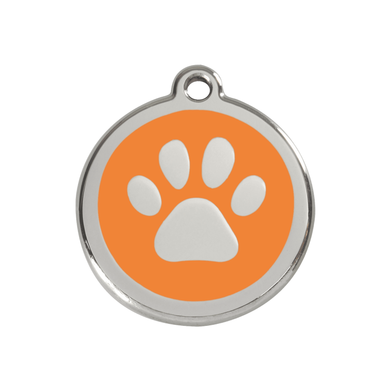 Vue avant - Médaille personnalisée pour chien Red Dingo en émail et acier inoxydable - Empreinte de patte orange - Talla M