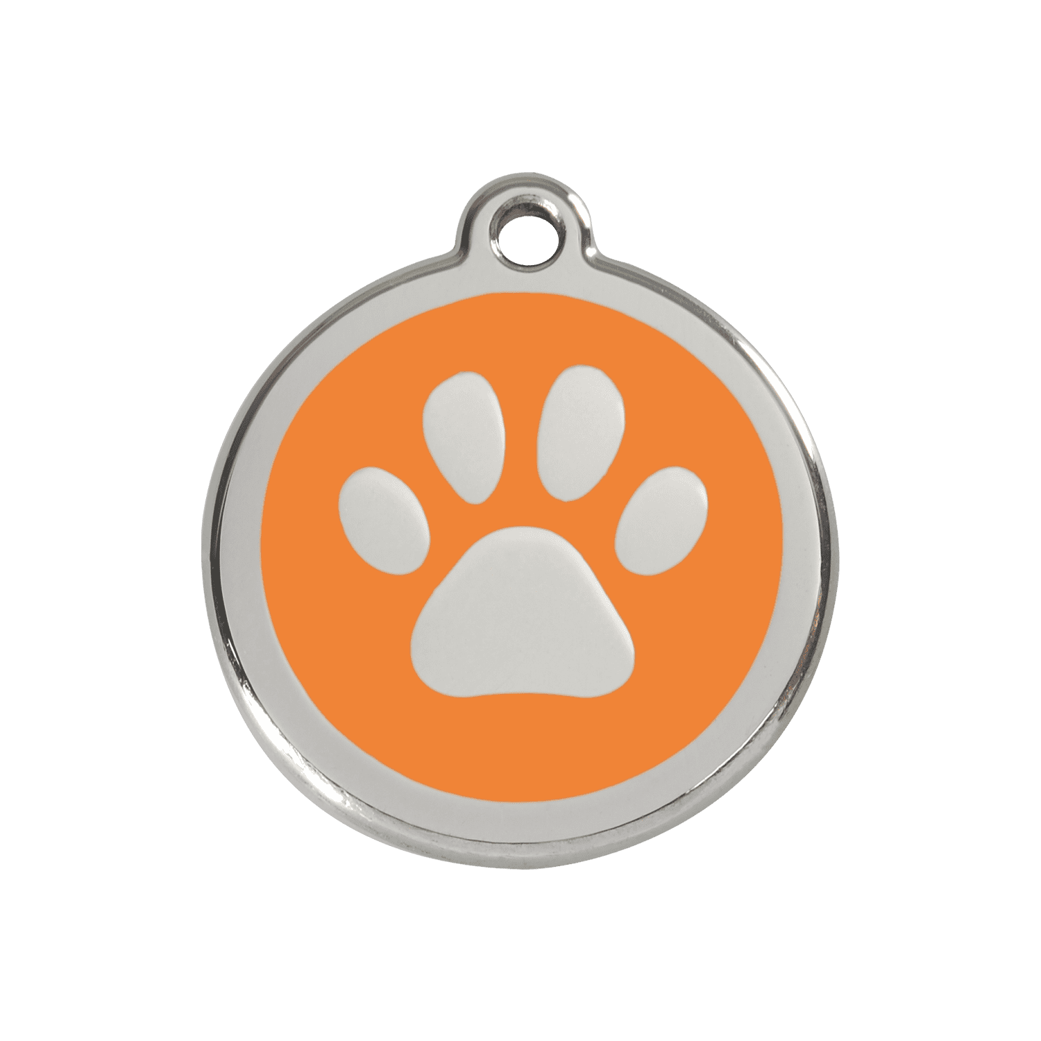 Vue avant - Médaille personnalisée pour chien Red Dingo en émail et acier inoxydable - Empreinte de patte orange - Talla M
