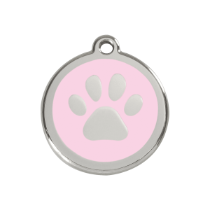 Placa para perro mediana con huella en esmalte rosa y acero inoxidable