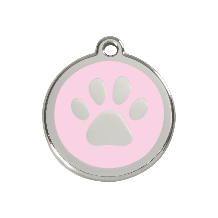 Vue avant - Médaille personnalisée pour chien/chat Red Dingo Émail et acier inoxydable - Empreinte de patte rose - Talla M