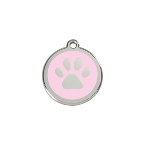 Placa para gato pequeña con huella rosa en esmalte y acero inoxidable