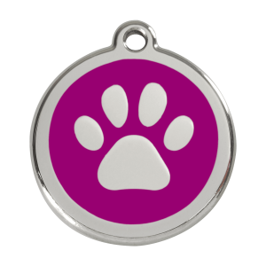 Placa para perro grande con huella en esmalte violeta y acero inoxidable