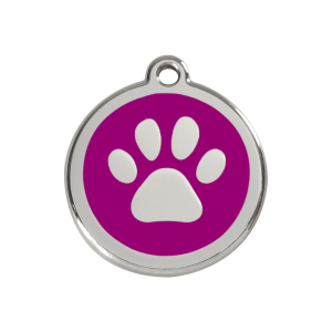 Placa para perro mediana con huella en esmalte violeta y acero inoxidable