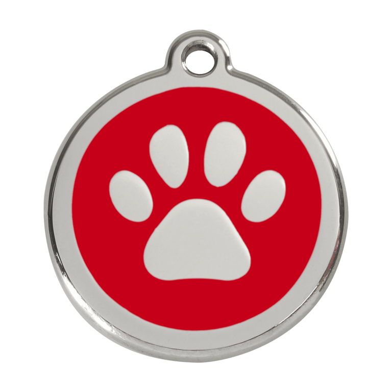 Vue avant - Médaille personnalisée pour chien Red Dingo Émail et acier inoxydable Empreinte de patte Rouge - Talla L