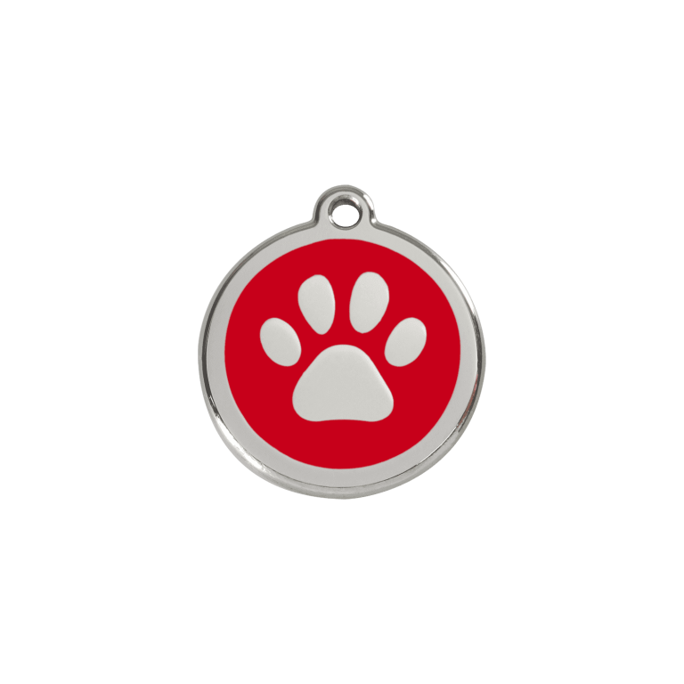 Vue avant - Médaille personnalisable pour chien/chat Red Dingo Émail/Acier inoxydable - Empreinte de patte - Rouge - Talla S