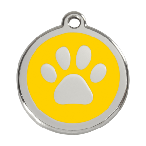 Placa para perro grande con huella amarilla en esmalte y acero inoxidable