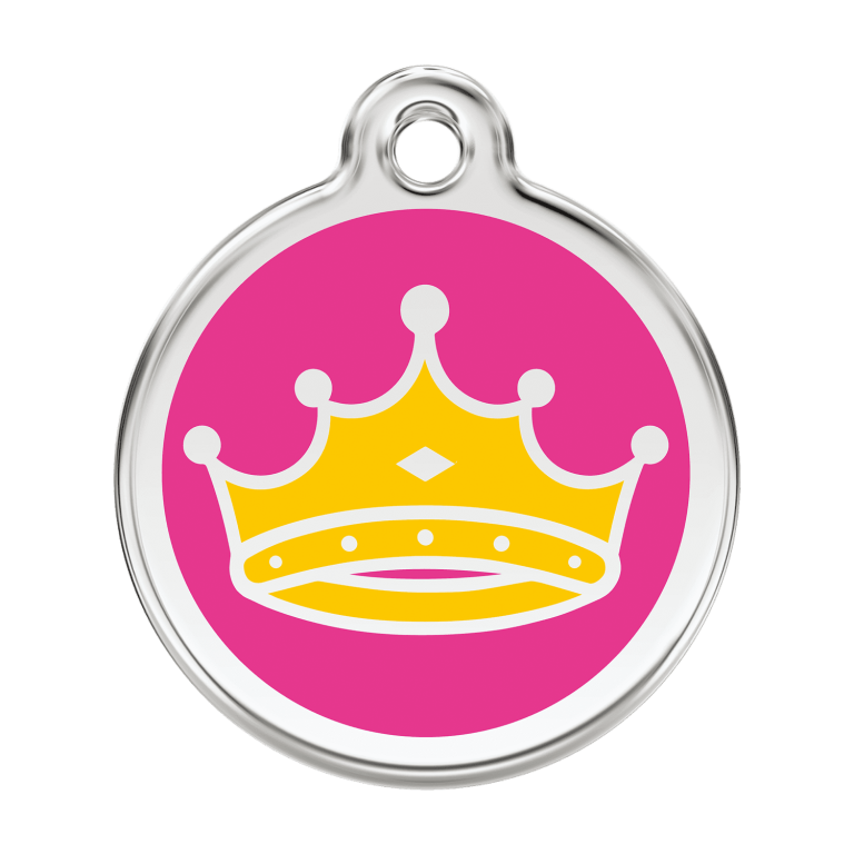 Vue avant - "Médaille personnalisée pour chien Red Dingo Émail et acier inoxydable - Motif Reine - Rose vif - Talla L"
