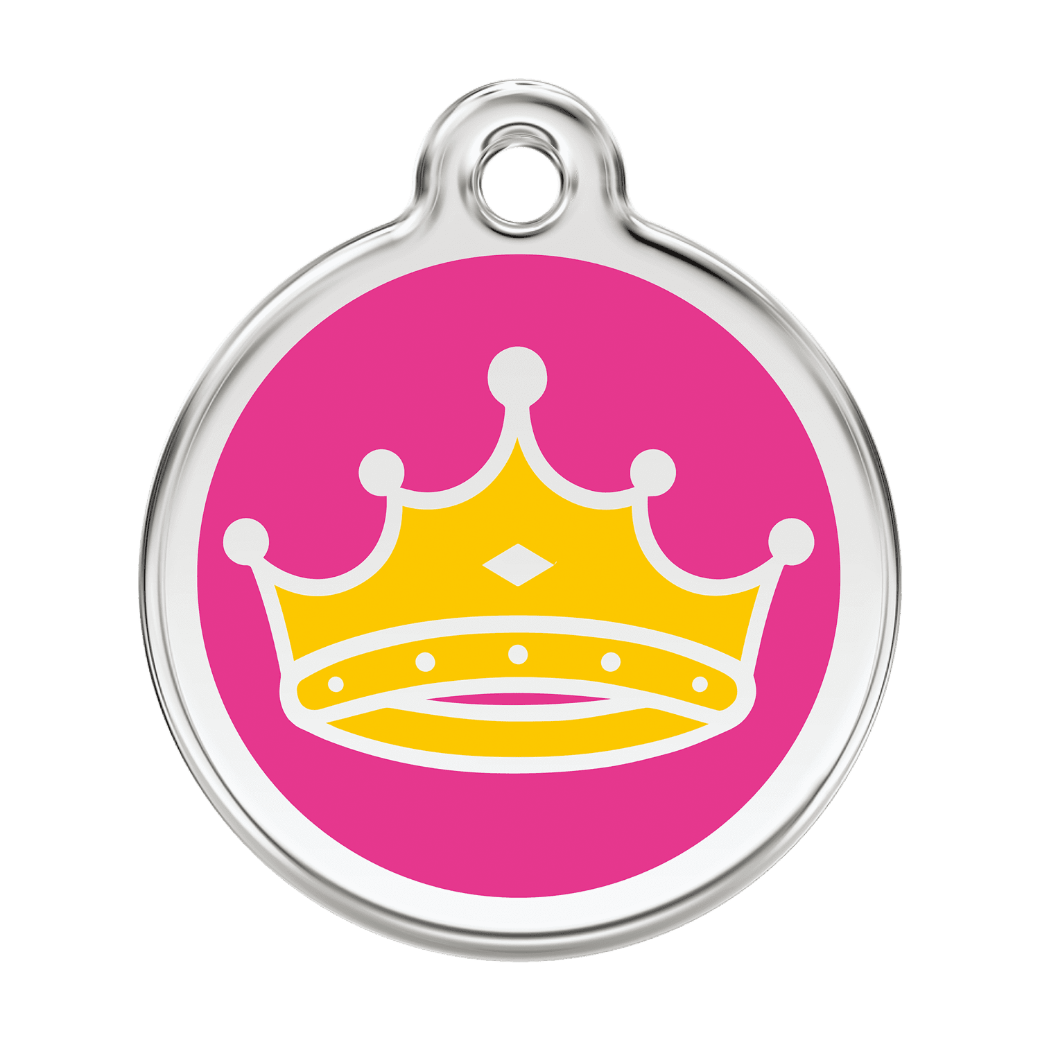 Vue avant - "Médaille personnalisée pour chien Red Dingo Émail et acier inoxydable - Motif Reine - Rose vif - Talla L"