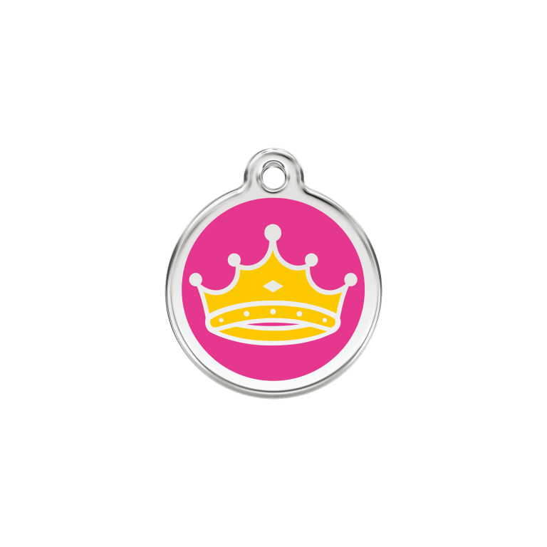 Vue avant - Médaille personnalisable pour chat en émail et acier inoxydable - Red Dingo - Motif Reine - Rose vif - Talla S