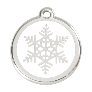 Placa para perro grande con copo de nieve blanco en esmalte y acero inoxidable