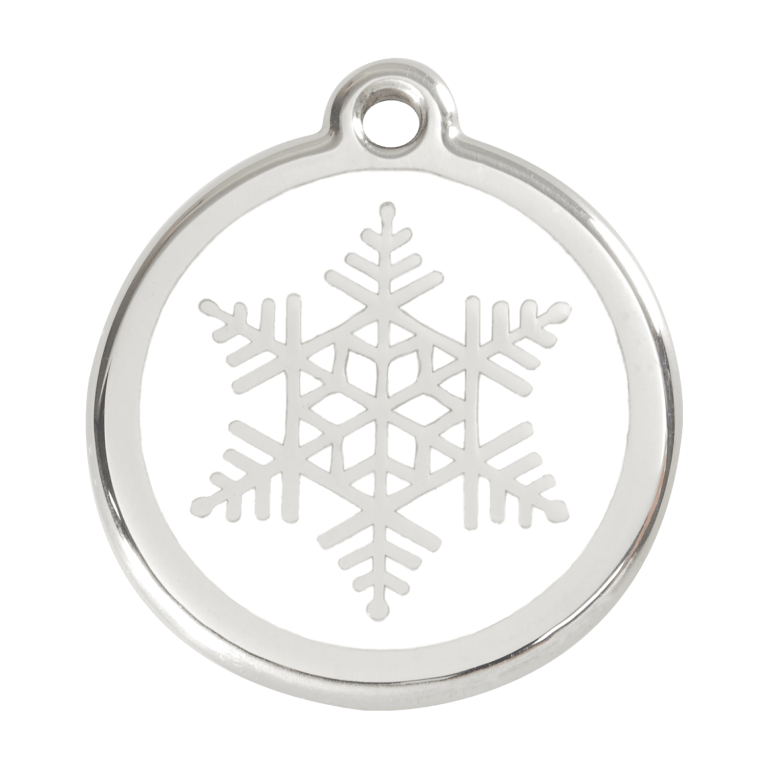 Vue avant - Médaille personnalisée pour chien - Red Dingo Émail et acier inoxydable - Flocon de neige blanc - Talla L