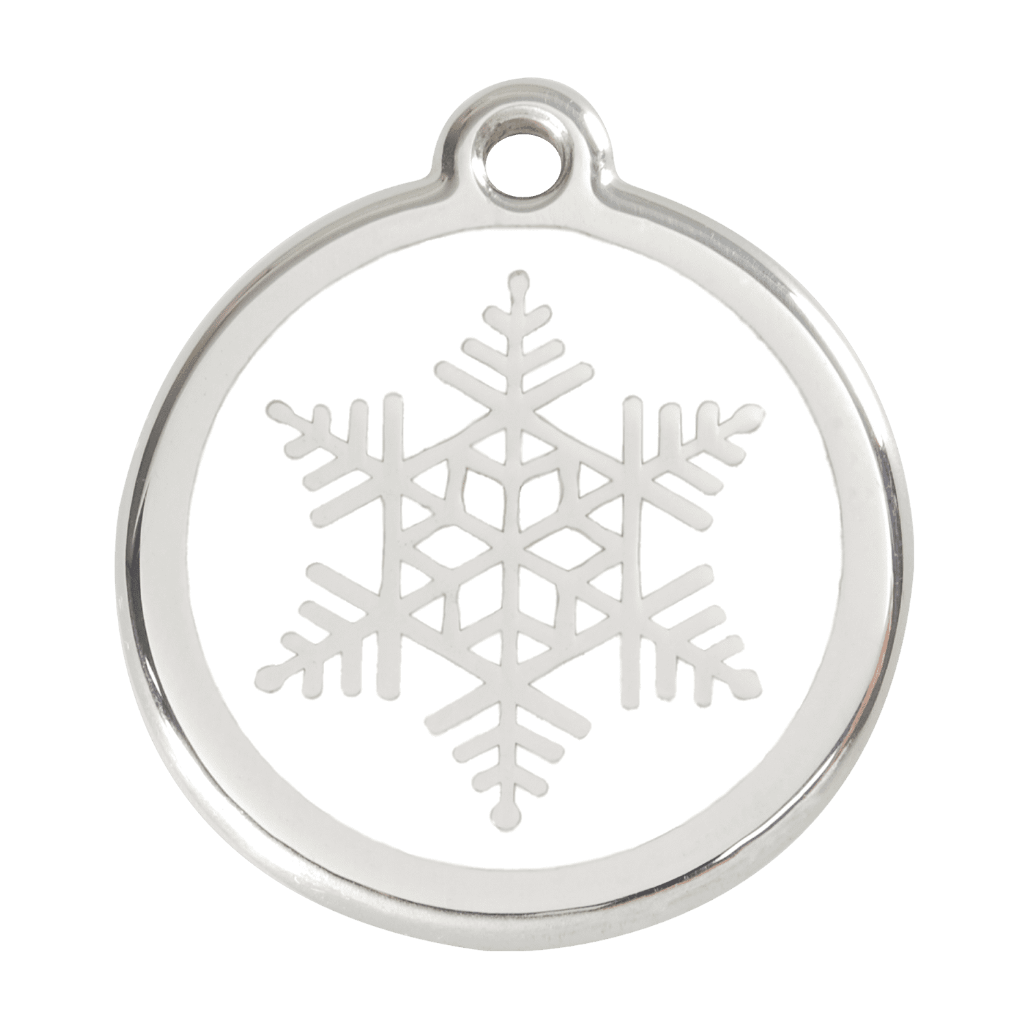 Vue avant - Médaille personnalisée pour chien - Red Dingo Émail et acier inoxydable - Flocon de neige blanc - Talla L