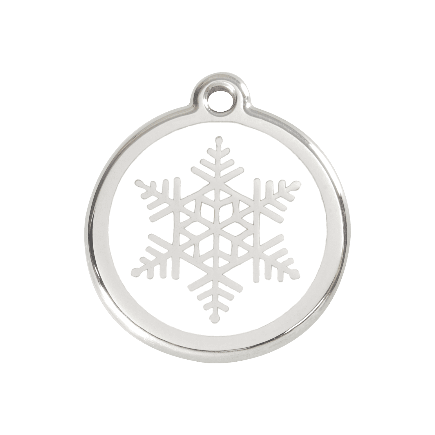 Vue avant - Médaille personnalisée pour chien/chat Red Dingo Émail et acier inoxydable - Flocon de neige blanc - Talla M