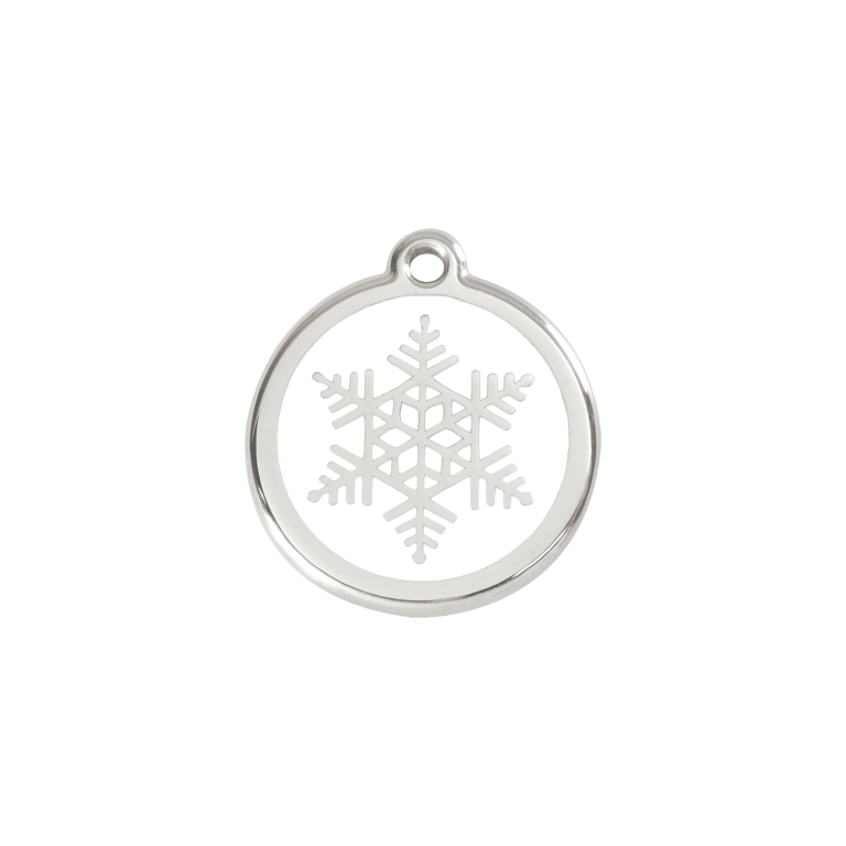 Vue avant - Médaille personnalisée pour chien/chat Red Dingo Émail et acier inoxydable - Flocon de neige blanc - Talla S