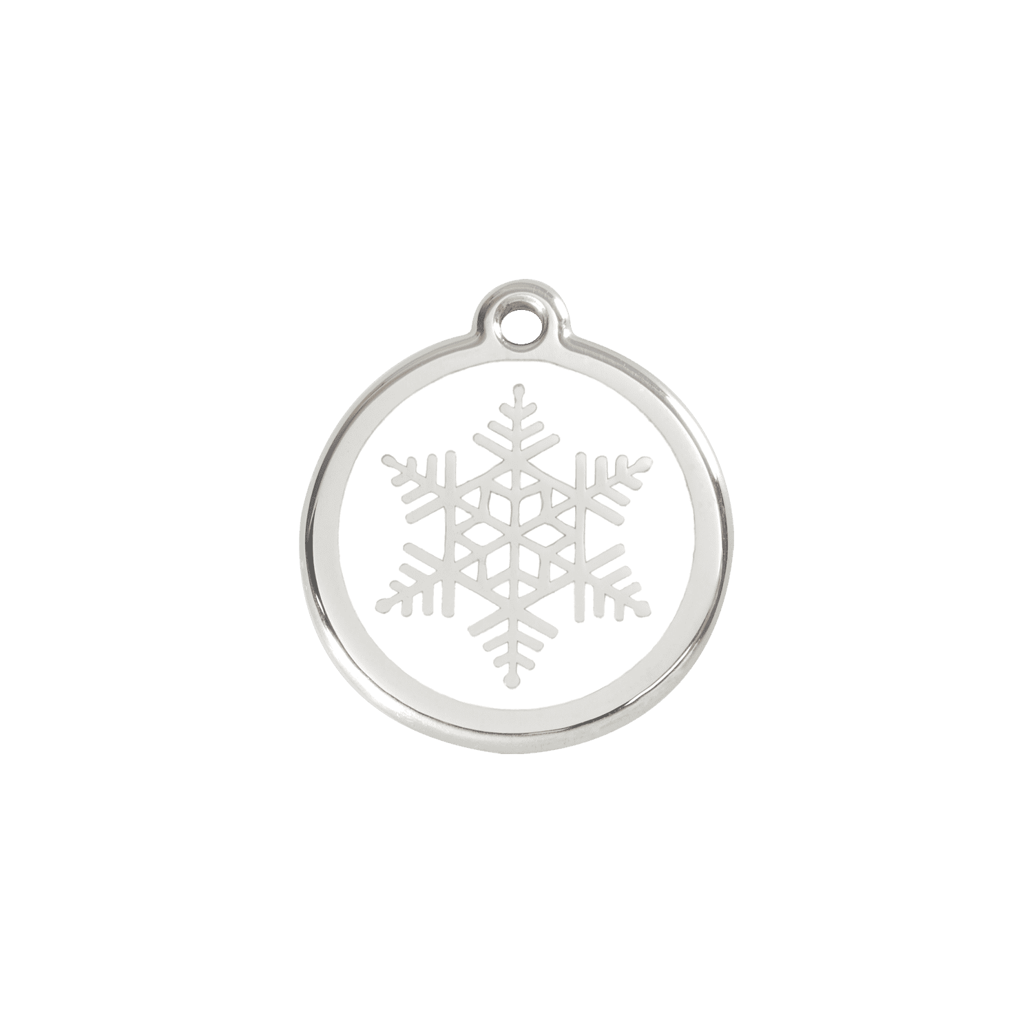 Vue avant - Médaille personnalisée pour chien/chat Red Dingo Émail et acier inoxydable - Flocon de neige blanc - Talla S