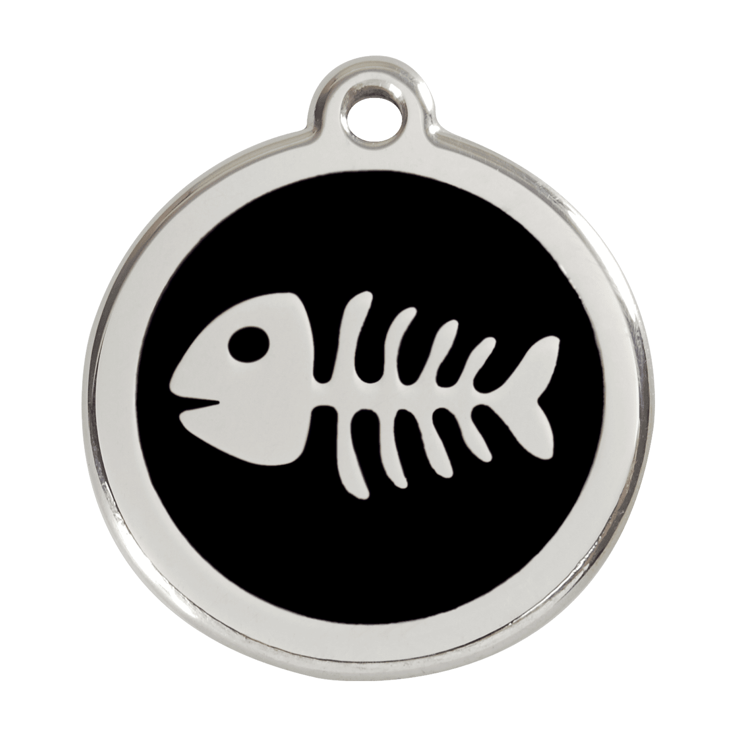 Vue avant - Médaille personnalisable pour chien Red Dingo Émail et acier inoxydable - Squelette de poisson - Noir - Talla L