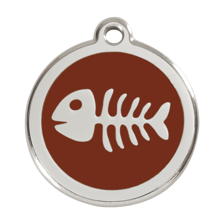 Vue avant - Médaille personnalisable pour chien Red Dingo Émail et acier inoxydable Squelette de poisson Brun Talla L