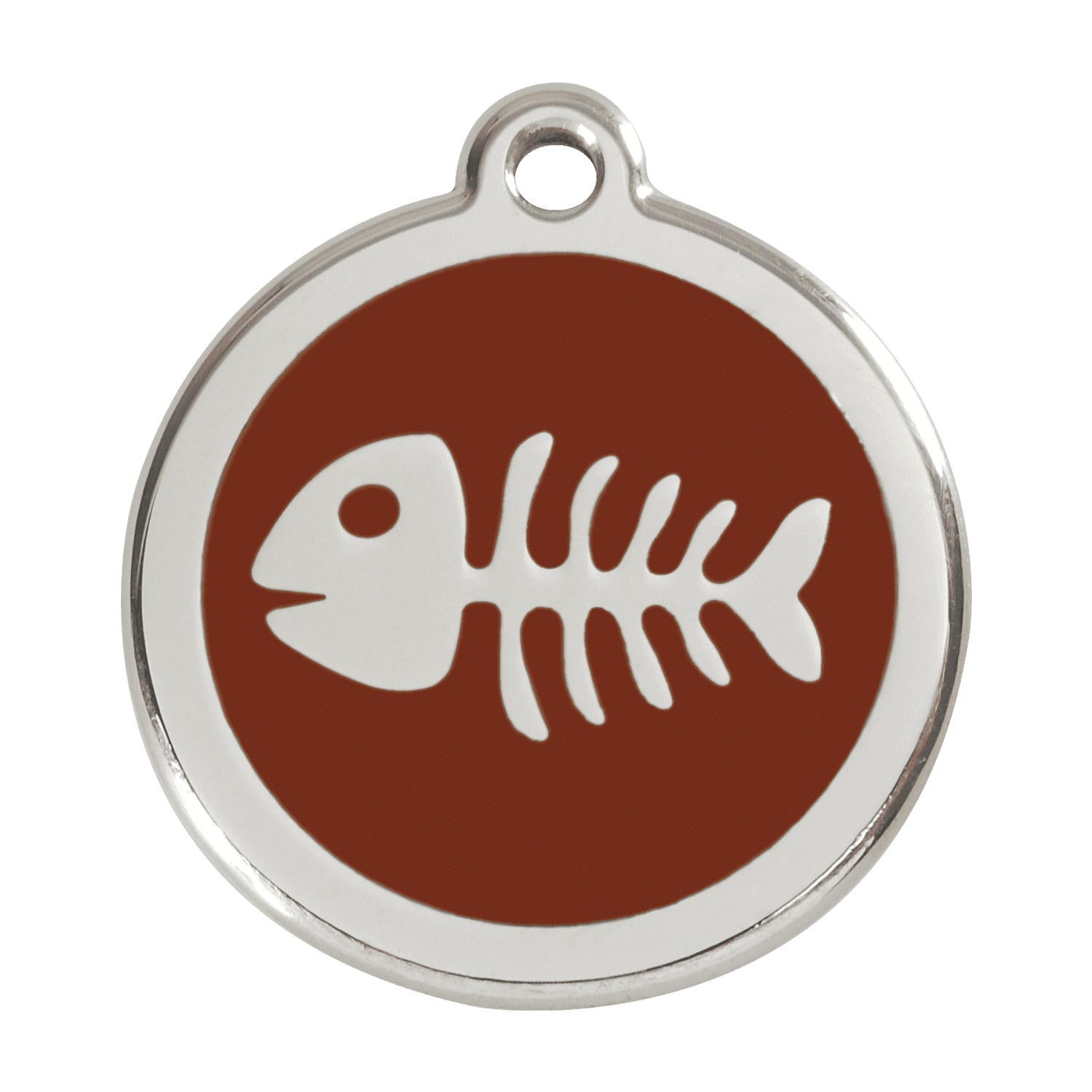Vue avant - Médaille personnalisable pour chien Red Dingo Émail et acier inoxydable Squelette de poisson Brun Talla L