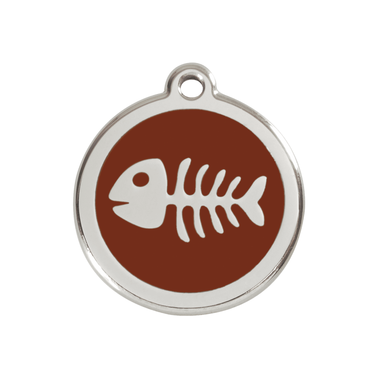 Vue avant - Médaille personnalisée pour chien Red Dingo en émail et acier inoxydable avec motif de squelette de poisson - Brun - Talla M