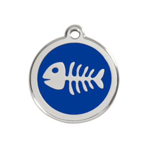 Placa para perro mediana con diseño de espina de pez azul oscuro en esmalte y acero inoxidable