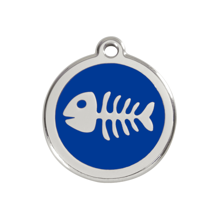 Vue avant - Médaille personnalisée pour chien Red Dingo - Squelette de poisson bleu foncé - Talla M